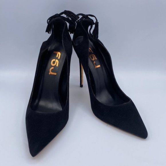 FSJ Shoes - A FSJ Black Pointy Stilettos Tassels Fringed Heels